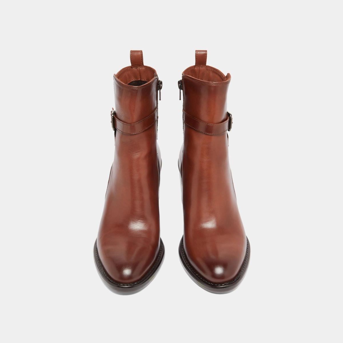 Bottines à talons et boucles en cuir patiné cognac | CAJOU | Jonak