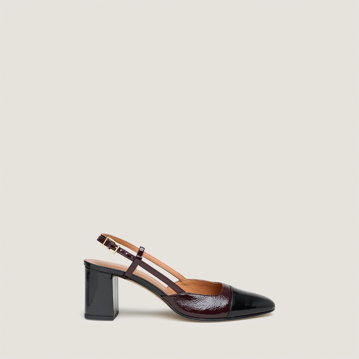 Slingbacks à talons en cuir verni noir et vernis plissé bordeaux | DHAPOP | Jonak