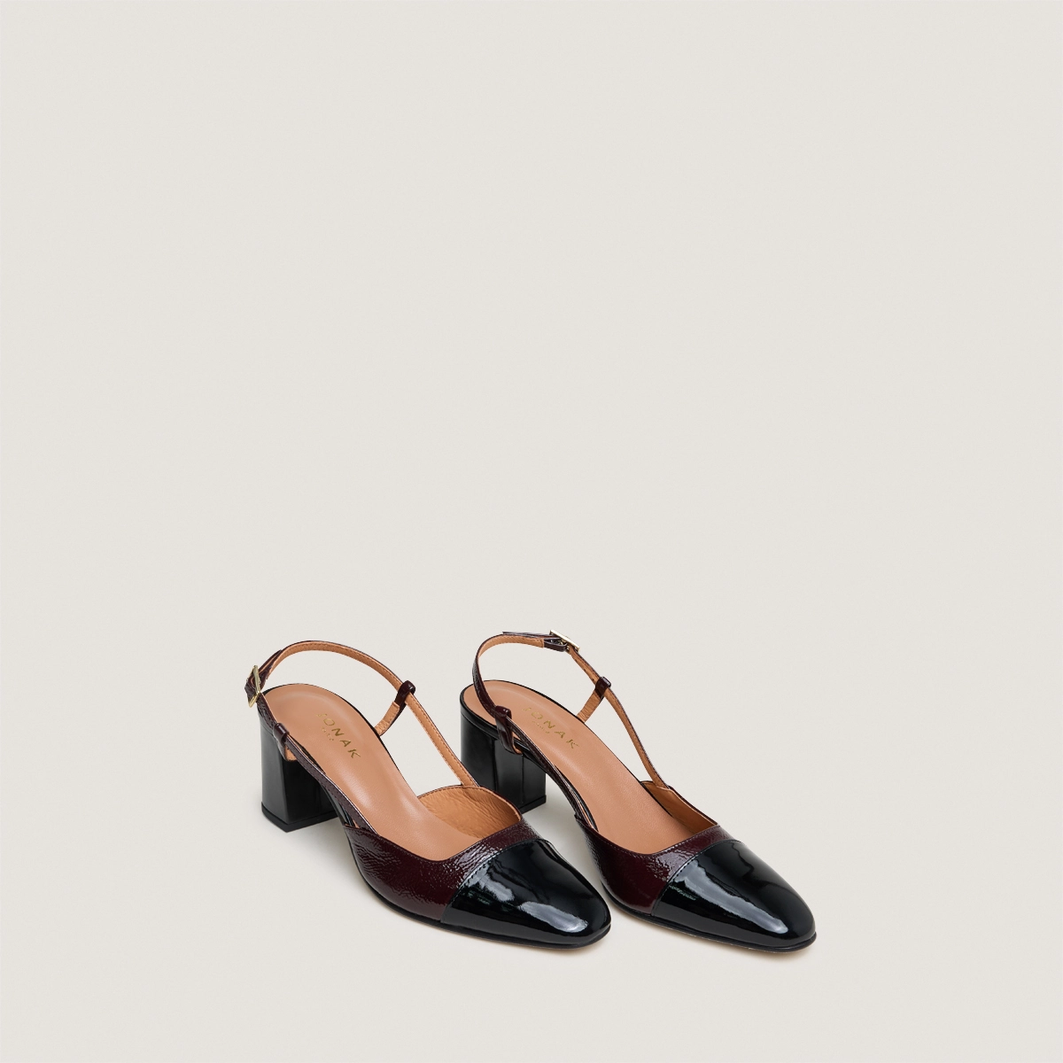 Slingbacks à talons en cuir verni noir et vernis plissé bordeaux | DHAPOP | Jonak