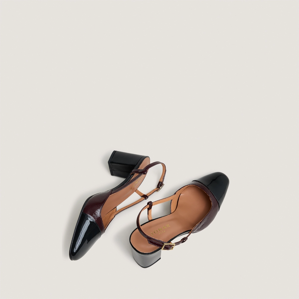 Slingbacks à talons en cuir verni noir et vernis plissé bordeaux | DHAPOP | Jonak