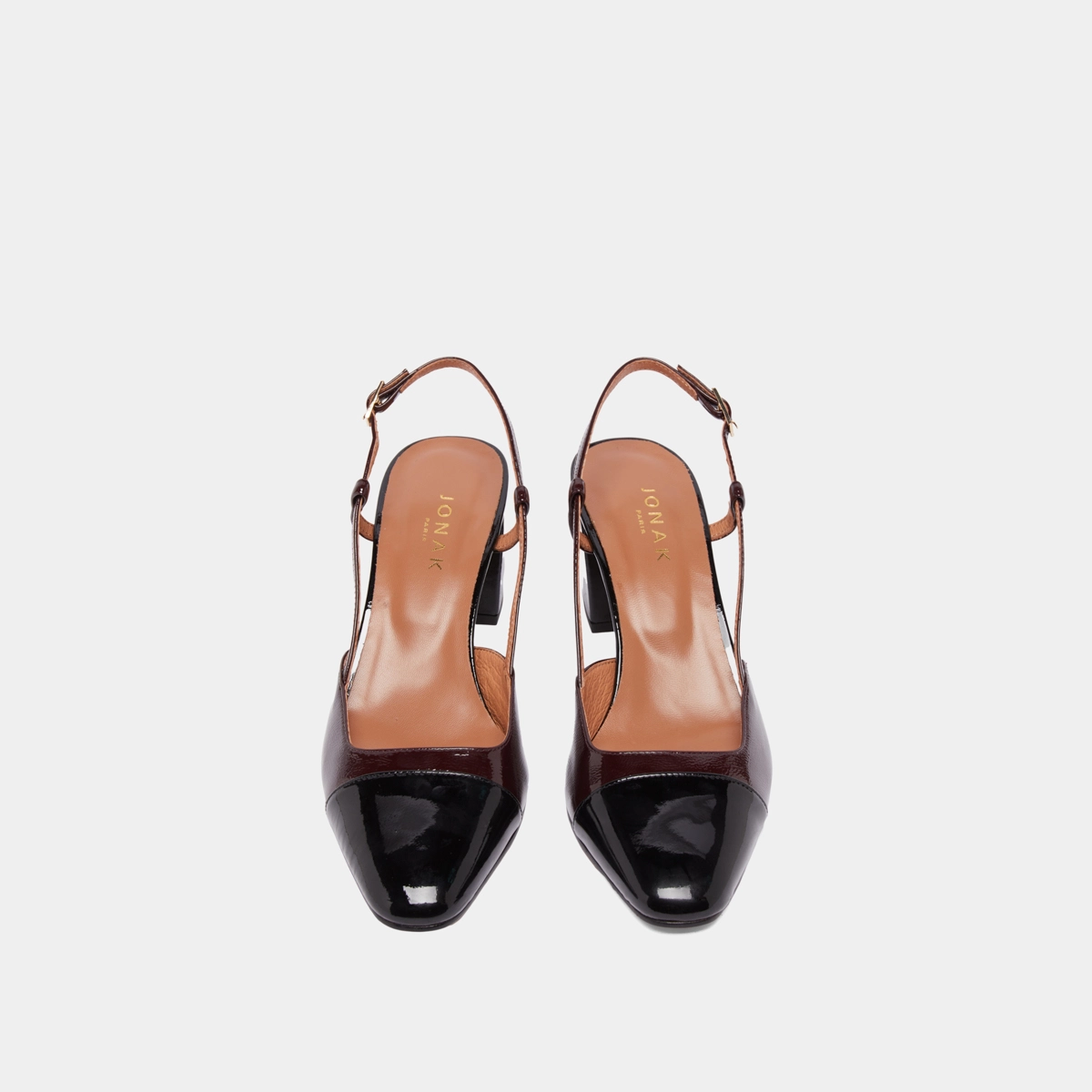 Slingbacks à talons en cuir verni noir et vernis plissé bordeaux | DHAPOP | Jonak