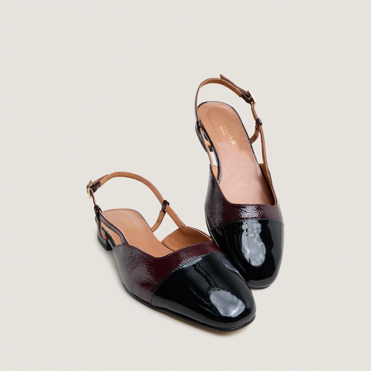 Ballerines ouvertes en cuir verni noir et vernis plissé bordeaux | DHAPOU | Jonak