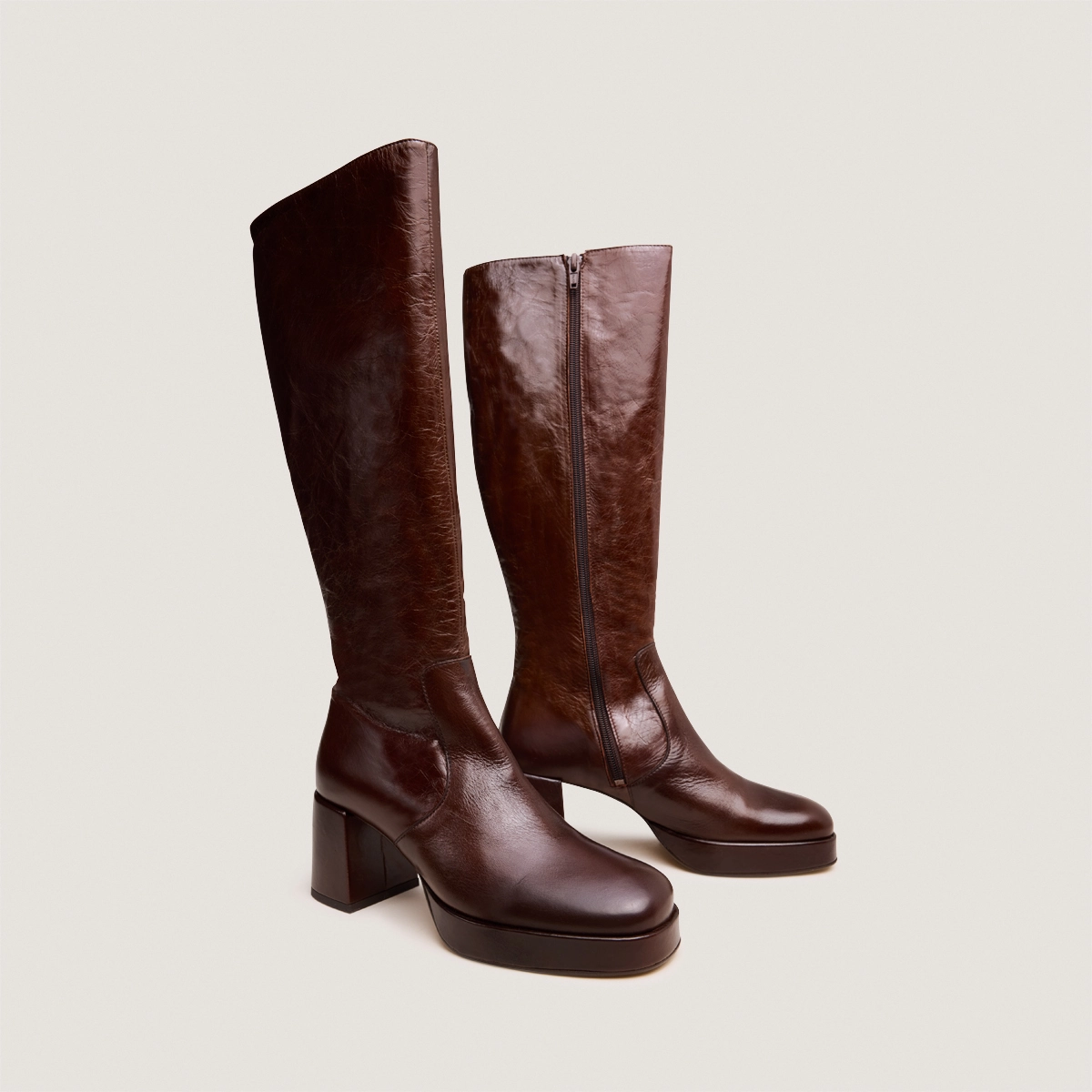 Bottes à talons et plateformes en cuir vieilli marron | VANEO | Jonak