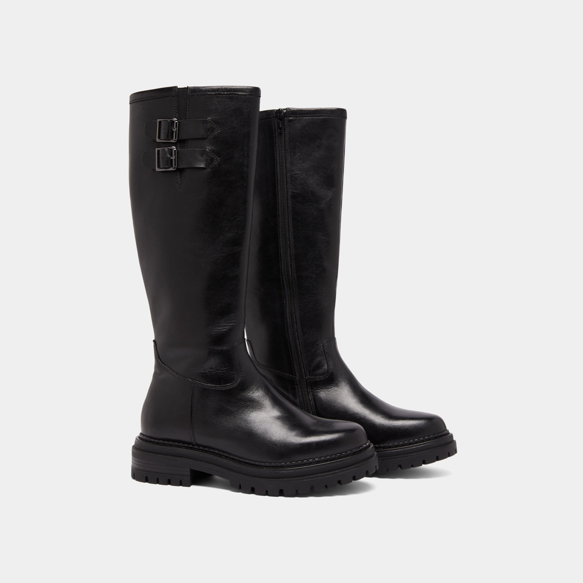 Bottes hautes &agrave; semelles crant&eacute;es et bou... en cuir noir | ADALIA | Jonak