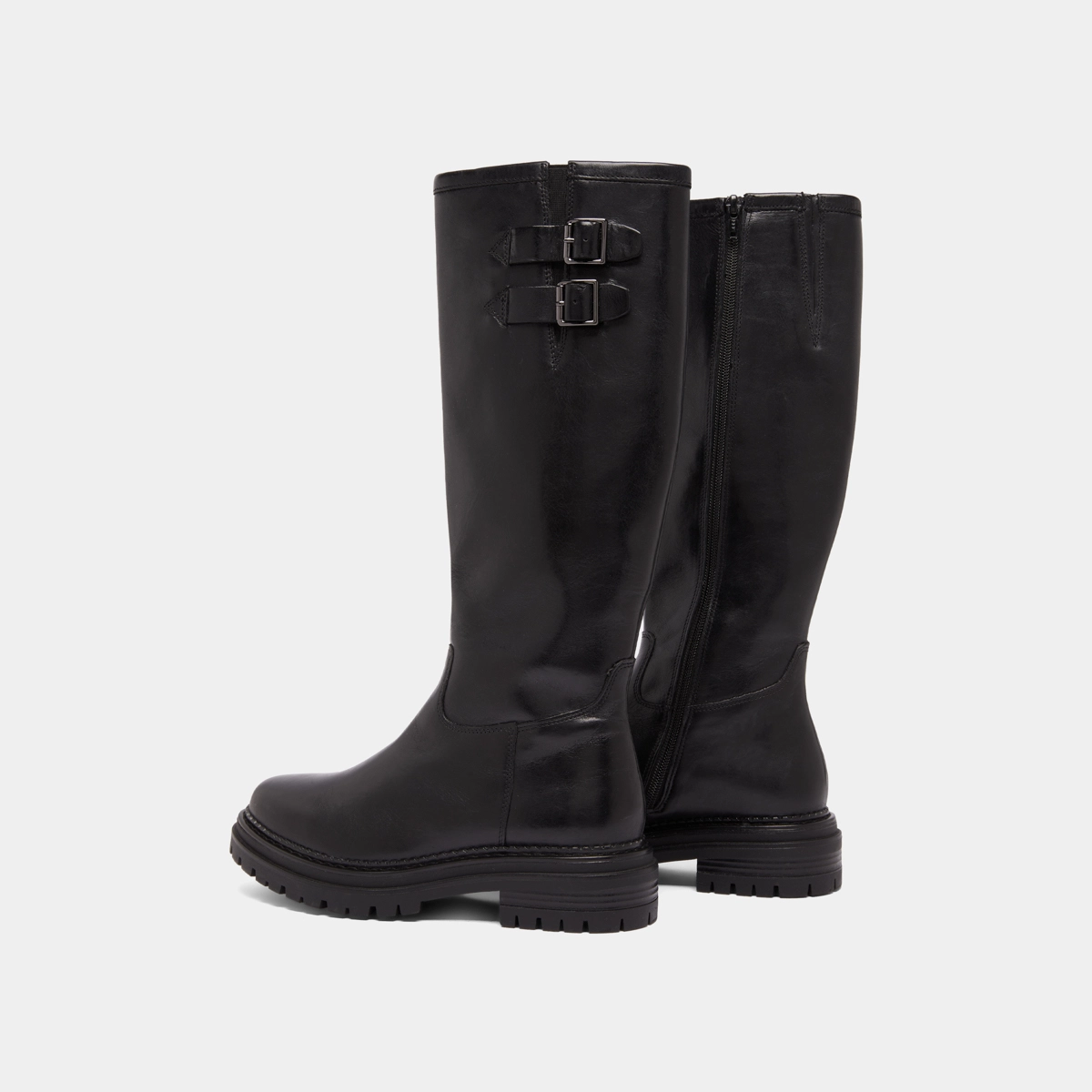 Bottes hautes &agrave; semelles crant&eacute;es et bou... en cuir noir | ADALIA | Jonak