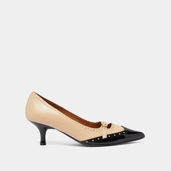 Escarpins à brides et détails perforés..... en vernis noir et cuir souple beige | DALTA | Jonak