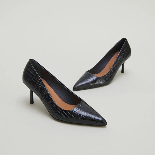 Escarpins &agrave; bouts pointus en cuir reptile noir | DUNDEE | Jonak