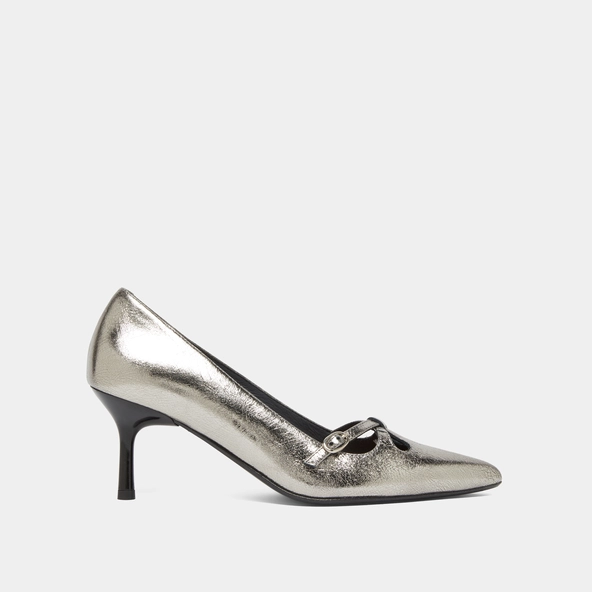 Escarpins &agrave; brides crois&eacute;es en cuir m&eacute;tallis&eacute; argent fonc&eacute; | DOUCHKA | Jonak