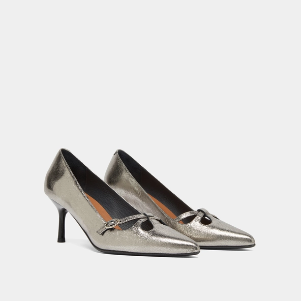 Escarpins &agrave; brides crois&eacute;es en cuir m&eacute;tallis&eacute; argent fonc&eacute; | DOUCHKA | Jonak