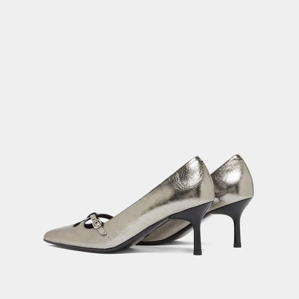 Escarpins &agrave; brides crois&eacute;es en cuir m&eacute;tallis&eacute; argent fonc&eacute; | DOUCHKA | Jonak
