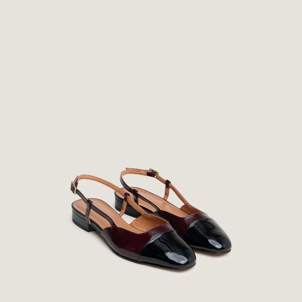Ballerines ouvertes en cuir verni noir et vernis plissé bordeaux | DHAPOU | Jonak
