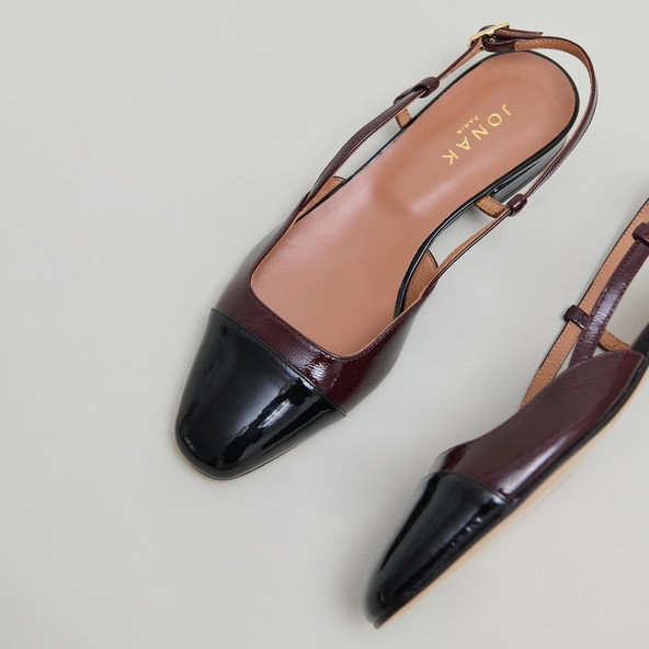 Ballerines ouvertes en cuir verni noir et vernis plissé bordeaux | DHAPOU | Jonak