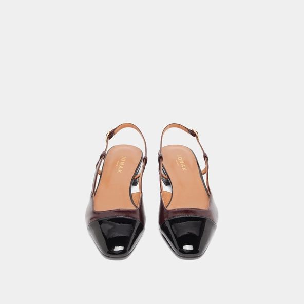 Ballerines ouvertes en cuir verni noir et vernis plissé bordeaux | DHAPOU | Jonak