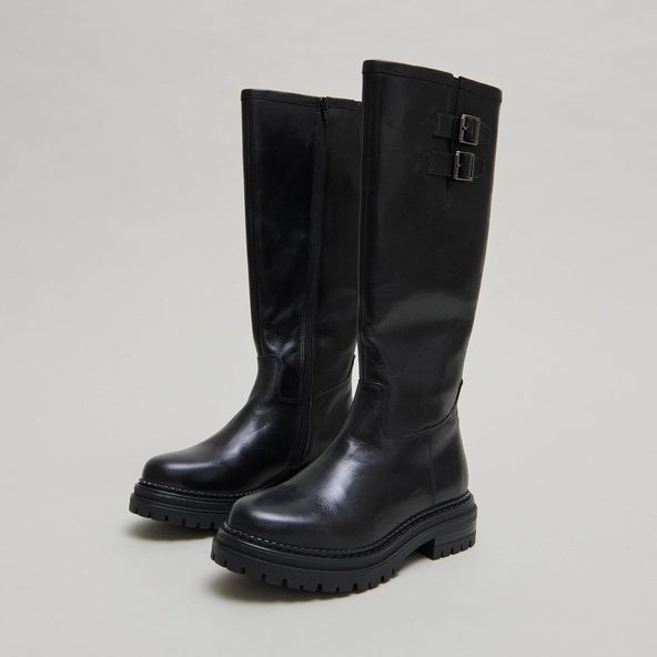Bottes hautes &agrave; semelles crant&eacute;es et bou... en cuir noir | ADALIA | Jonak