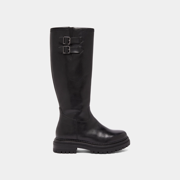 Bottes hautes &agrave; semelles crant&eacute;es et bou... en cuir noir | ADALIA | Jonak