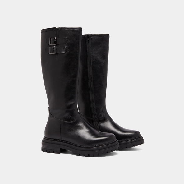 Bottes hautes &agrave; semelles crant&eacute;es et bou... en cuir noir | ADALIA | Jonak