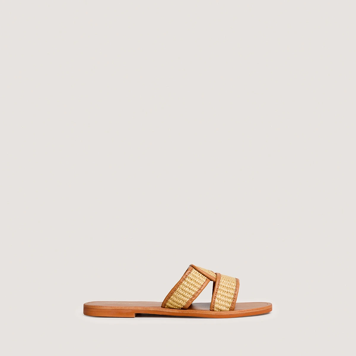 Nu-pieds à brides larges en raphia beige et cuir camel | WAVA | Jonak