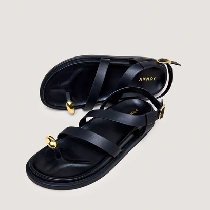 Sandales &agrave; d&eacute;tails dor&eacute;s en cuir noir | WEPS