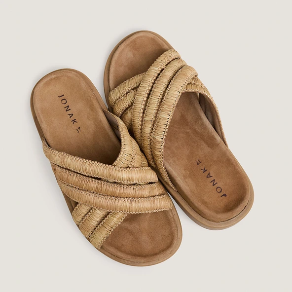 Mules à brides superposées en raphia beige | WONG | Jonak
