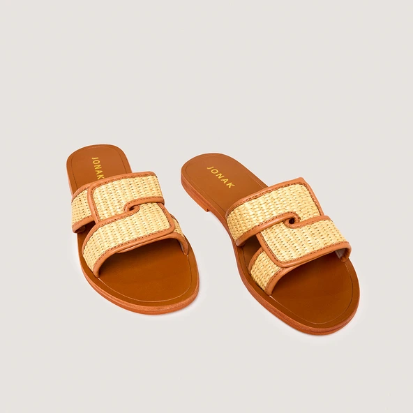 Nu-pieds à brides larges en raphia beige et cuir camel | WAVA | Jonak
