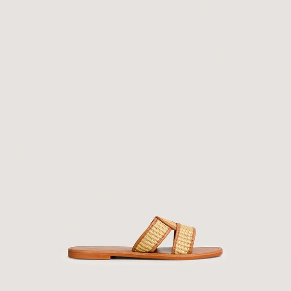Nu-pieds à brides larges en raphia beige et cuir camel | WAVA | Jonak