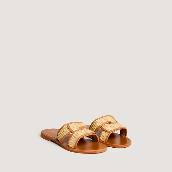 Nu-pieds à brides larges en raphia beige et cuir camel | WAVA | Jonak