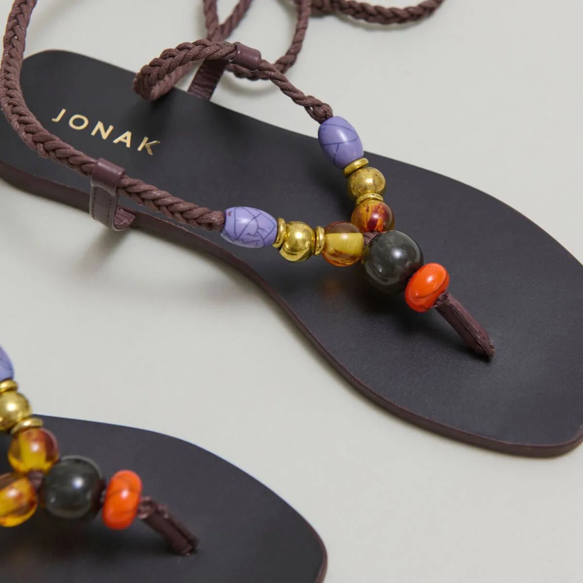 Nu-pieds &agrave; lacets en cuir et corde marron fonc&eacute; | SIENNA | Jonak