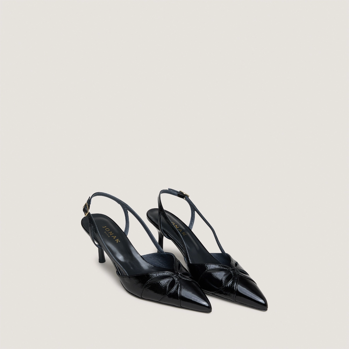 Escarpins slingbacks &agrave; bouts pointus en cuir brillant noir | DAMOUR | Jonak
