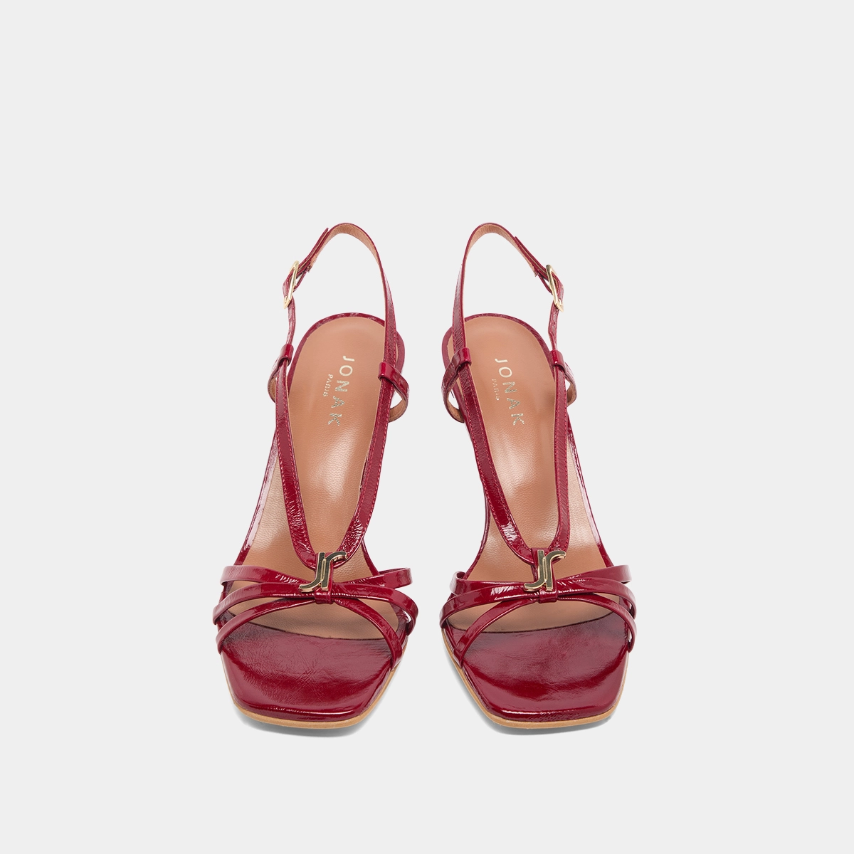 Sandales à talons et monogrammes en cuir brillant rouge carmin | VOMA | Jonak