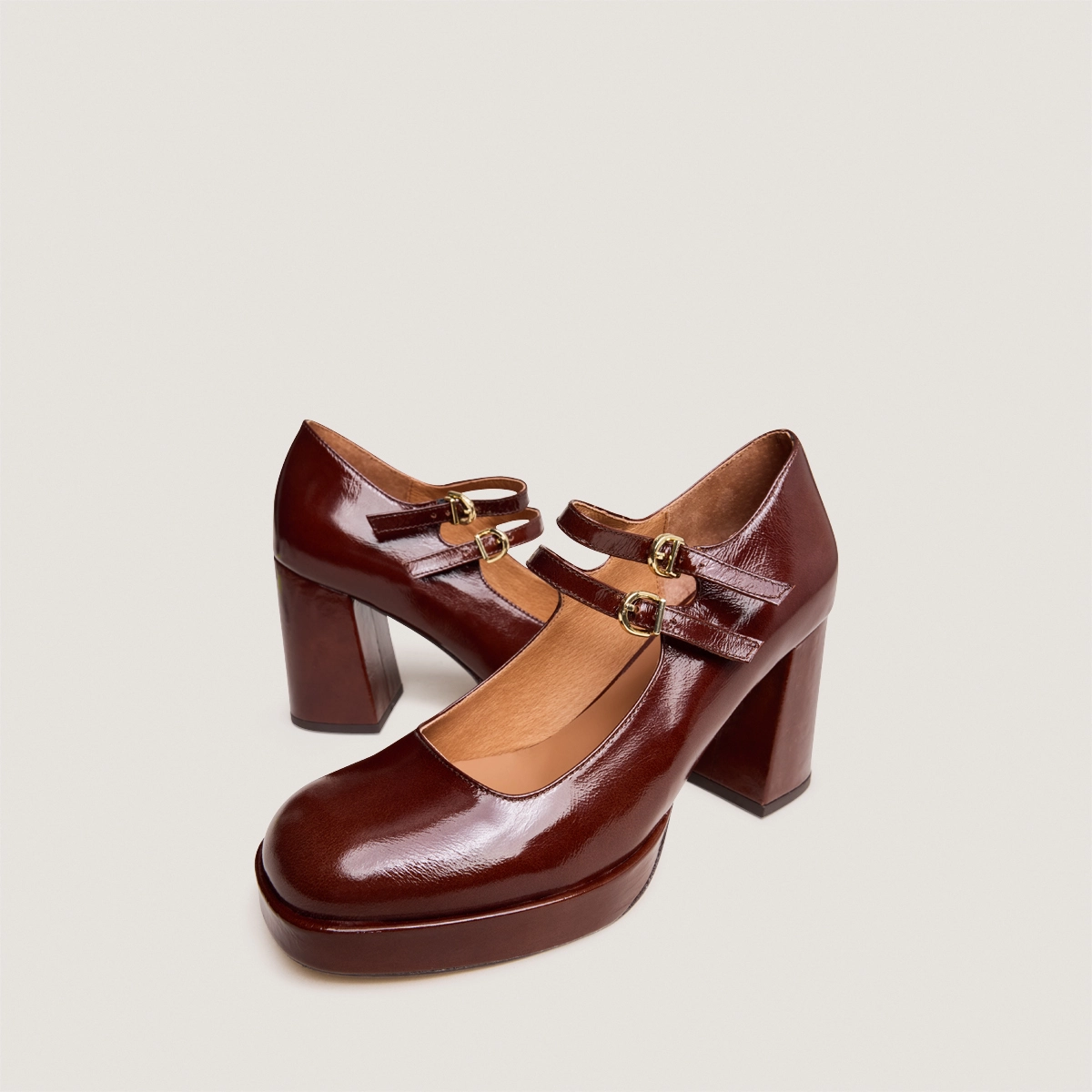 Babies à doubles brides et plateformes en cuir brillant marron | VERITE | Jonak