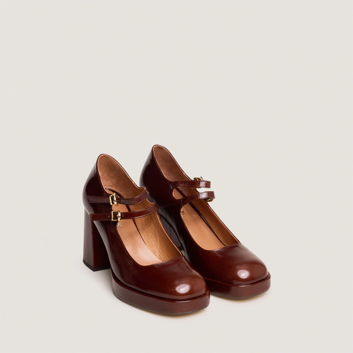 Babies à doubles brides et plateformes en cuir brillant marron | VERITE | Jonak