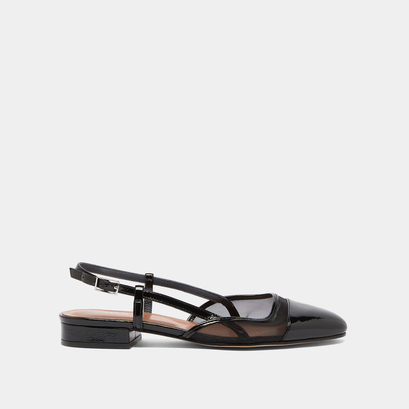 Ballerines ouvertes en vernis plissé noir et résille noire | DHAPILLE | Jonak
