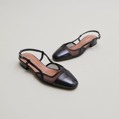 Ballerines ouvertes en vernis plissé noir et résille noire | DHAPILLE | Jonak