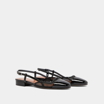 Ballerines ouvertes en vernis plissé noir et résille noire | DHAPILLE | Jonak
