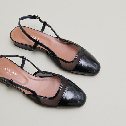 Ballerines ouvertes en vernis plissé noir et résille noire | DHAPILLE | Jonak