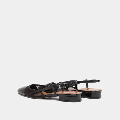 Ballerines ouvertes en vernis plissé noir et résille noire | DHAPILLE | Jonak