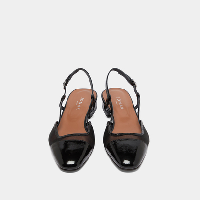 Ballerines ouvertes en vernis plissé noir et résille noire | DHAPILLE | Jonak