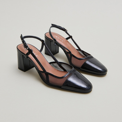 Slingbacks à talons en vernis plissé noir et résille noire | DHAPOPILLE | Jonak