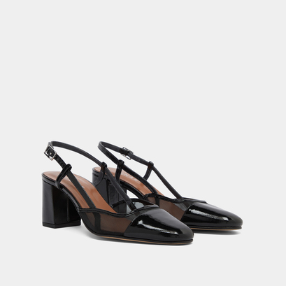 Slingbacks à talons en vernis plissé noir et résille noire | DHAPOPILLE | Jonak
