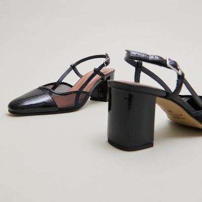 Slingbacks à talons en vernis plissé noir et résille noire | DHAPOPILLE | Jonak