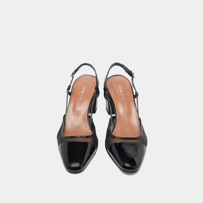 Slingbacks à talons en vernis plissé noir et résille noire | DHAPOPILLE | Jonak