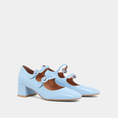 Babies à doubles brides et bouts arrondis en vernis bleu clair | DELOU | Jonak