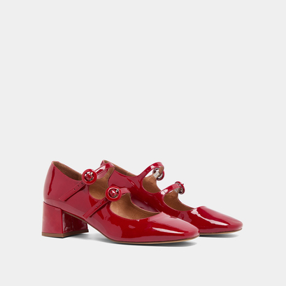 Babies à doubles brides et bouts arrondis en vernis rouge cerise | DELOU | Jonak