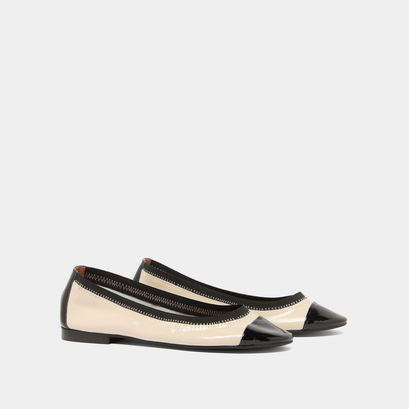 Ballerines à bouts arrondis et surpiqûres en vernis plissé noir et vernis plissé écru | DABELLE | Jonak