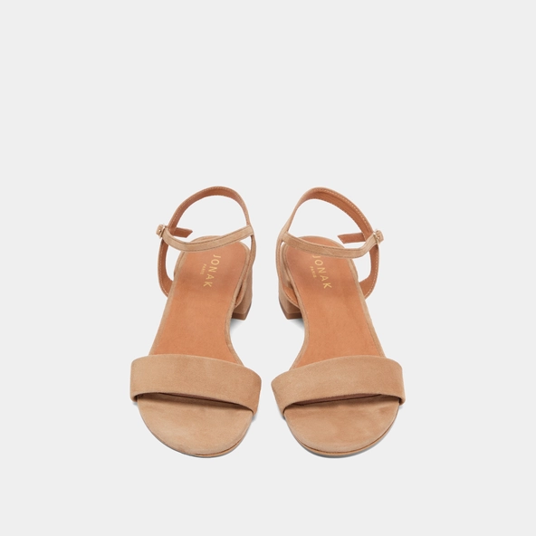 Sandales &agrave; talons carr&eacute;s en velours camel | VIA | Jonak