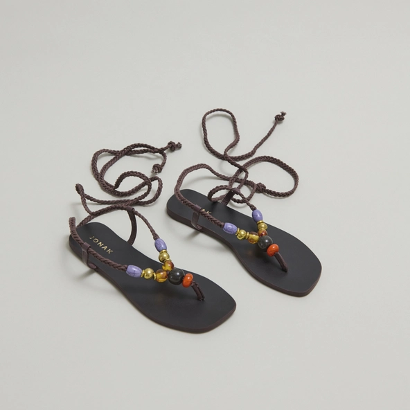 Nu-pieds &agrave; lacets en cuir et corde marron fonc&eacute; | SIENNA | Jonak
