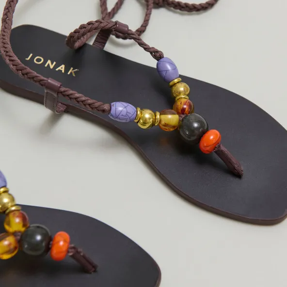 Nu-pieds &agrave; lacets en cuir et corde marron fonc&eacute; | SIENNA | Jonak