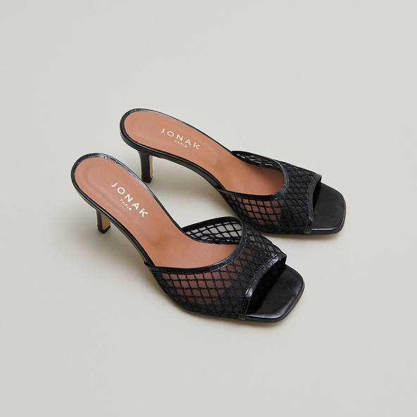 Mules à talons en cuir brillant noir et mesh noir | VOILE | Jonak