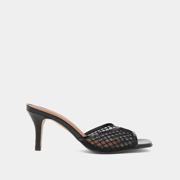 Mules à talons en cuir brillant noir et mesh noir | VOILE | Jonak