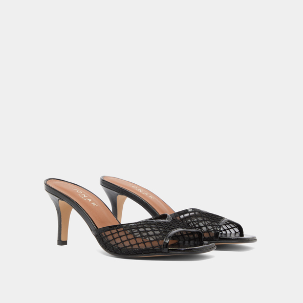 Mules à talons en cuir brillant noir et mesh noir | VOILE | Jonak